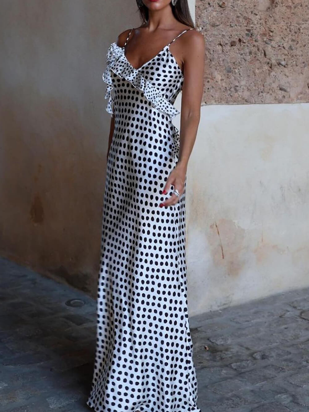 Polka Dot Print Fantasy Guipure Ruffled Suspender Maxi  Dress